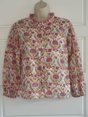 Fox & Hen High Neck Ruffle Trim Floral Button Up Blouse Top Size XS Coquette